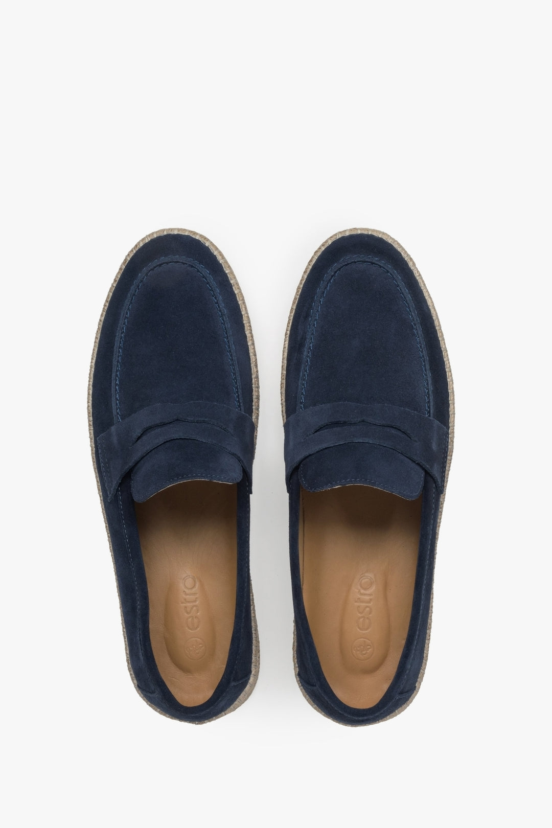 Estro navy blue women's velour moccasins - top view presentation of the model.