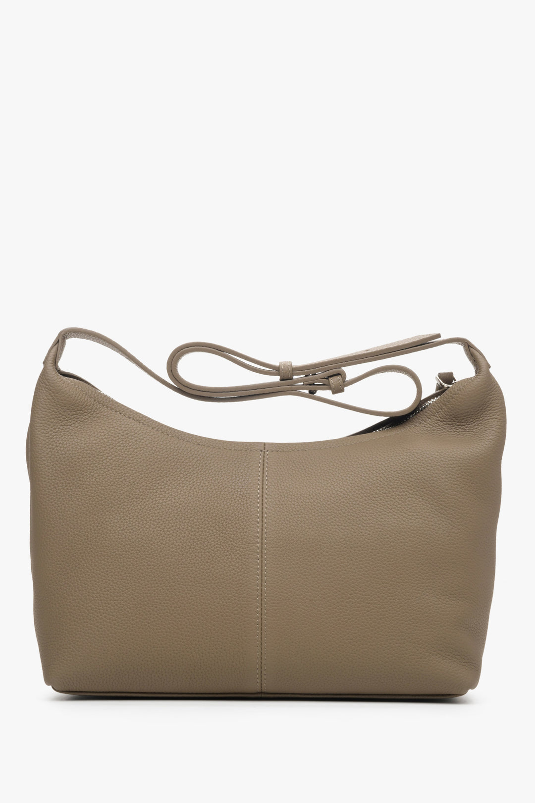 Women's grey-brown shoulder bag made of genuine leather by Estro - back view of the model.
