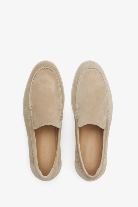 Women's velour loafers in sand beige by Estro - presentation of footwear from above.
