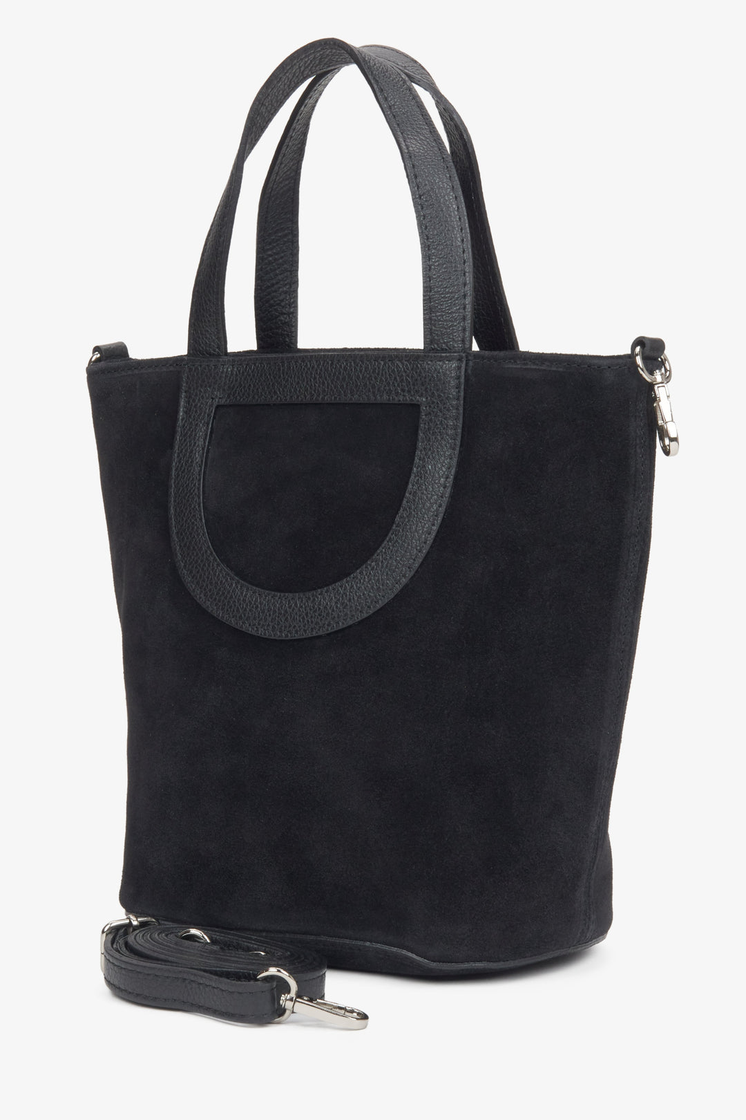 Women's bucket bag in an elegant black shade, made of premium Italian natural velour.