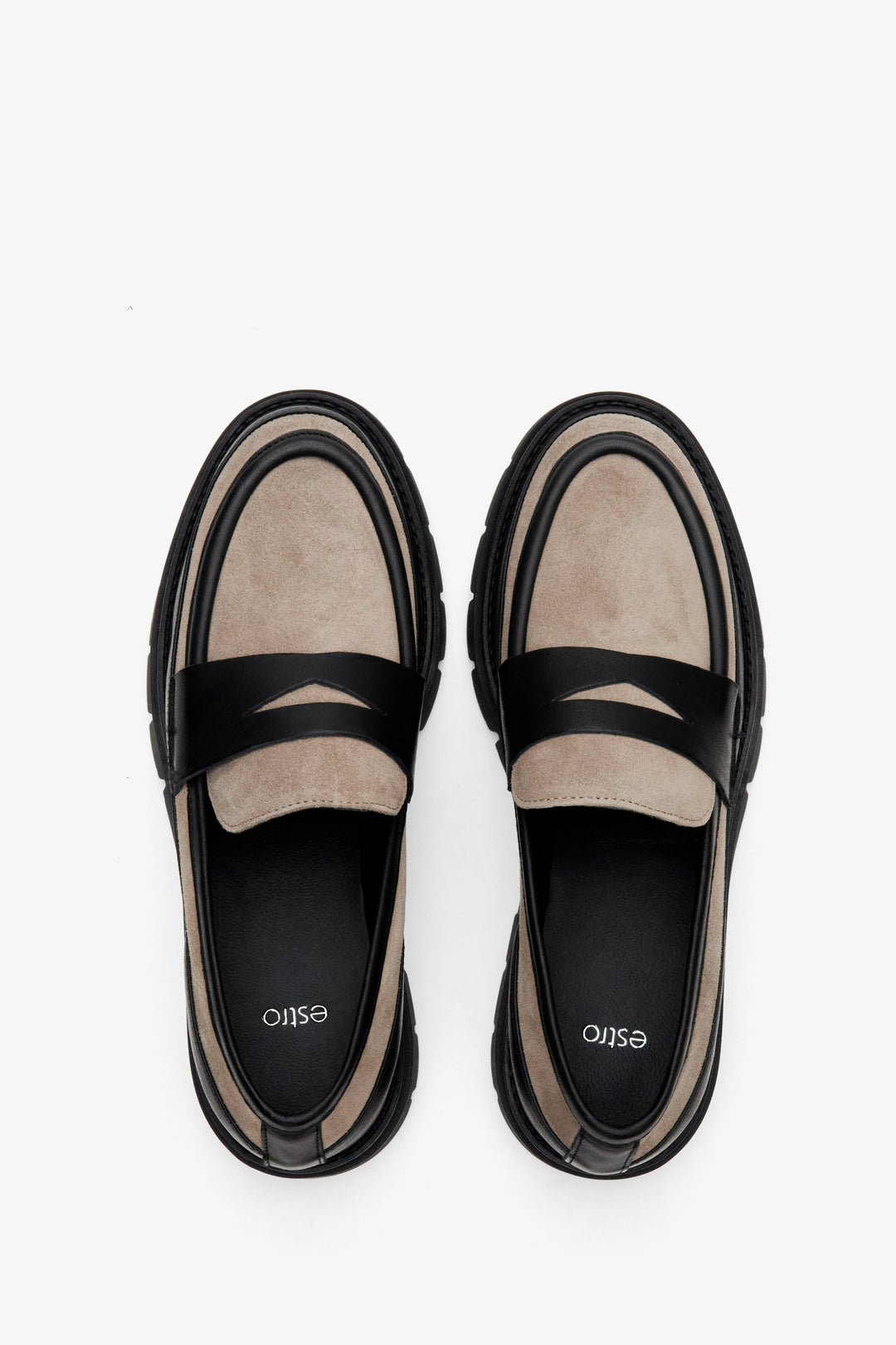 Women's black-and-beige velour -leather moccasins by Estro - top view presentation of the footwear.