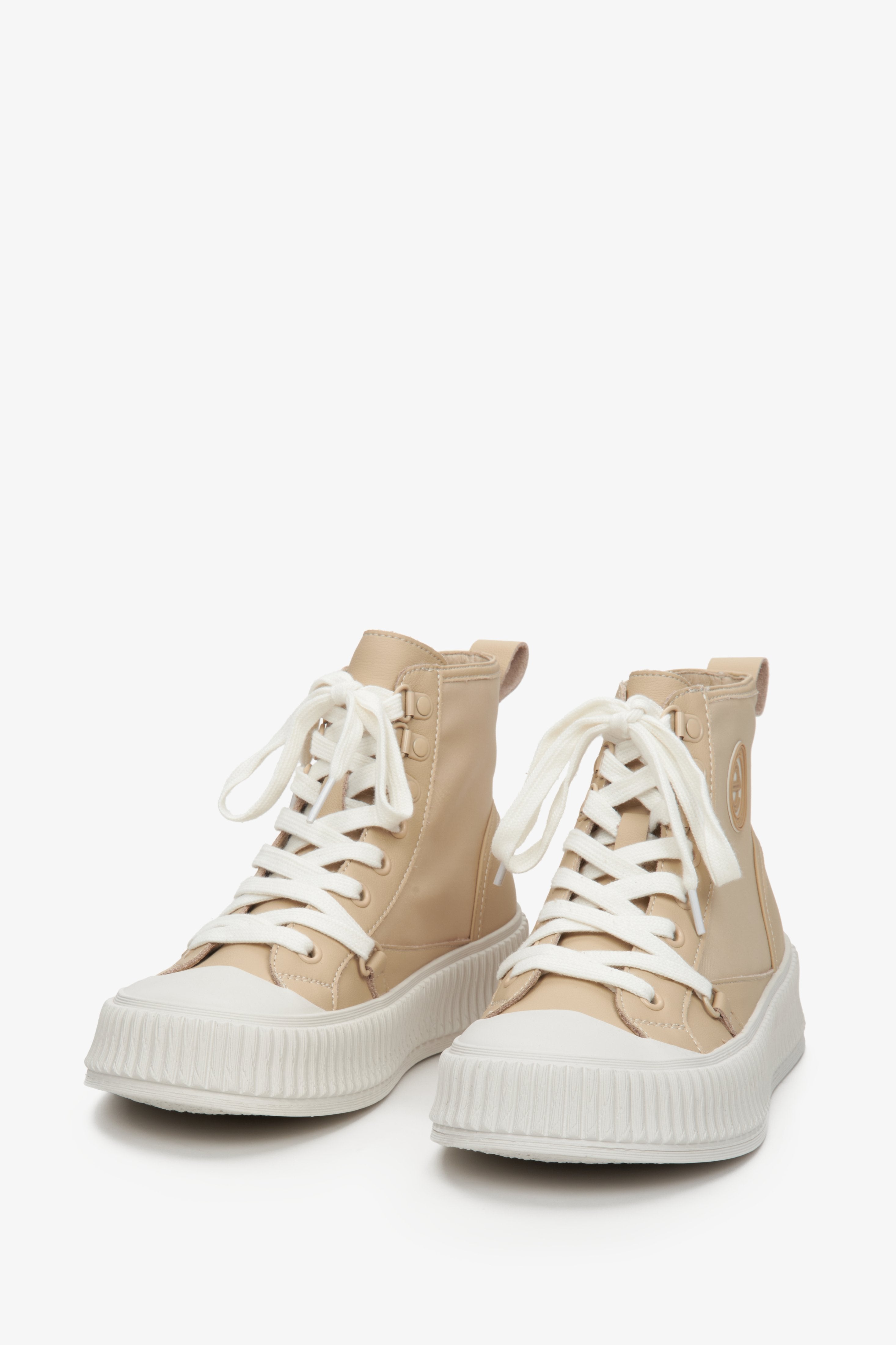 Women's beige high-top sneakers made of genuine leather, suitable for spring/fall.