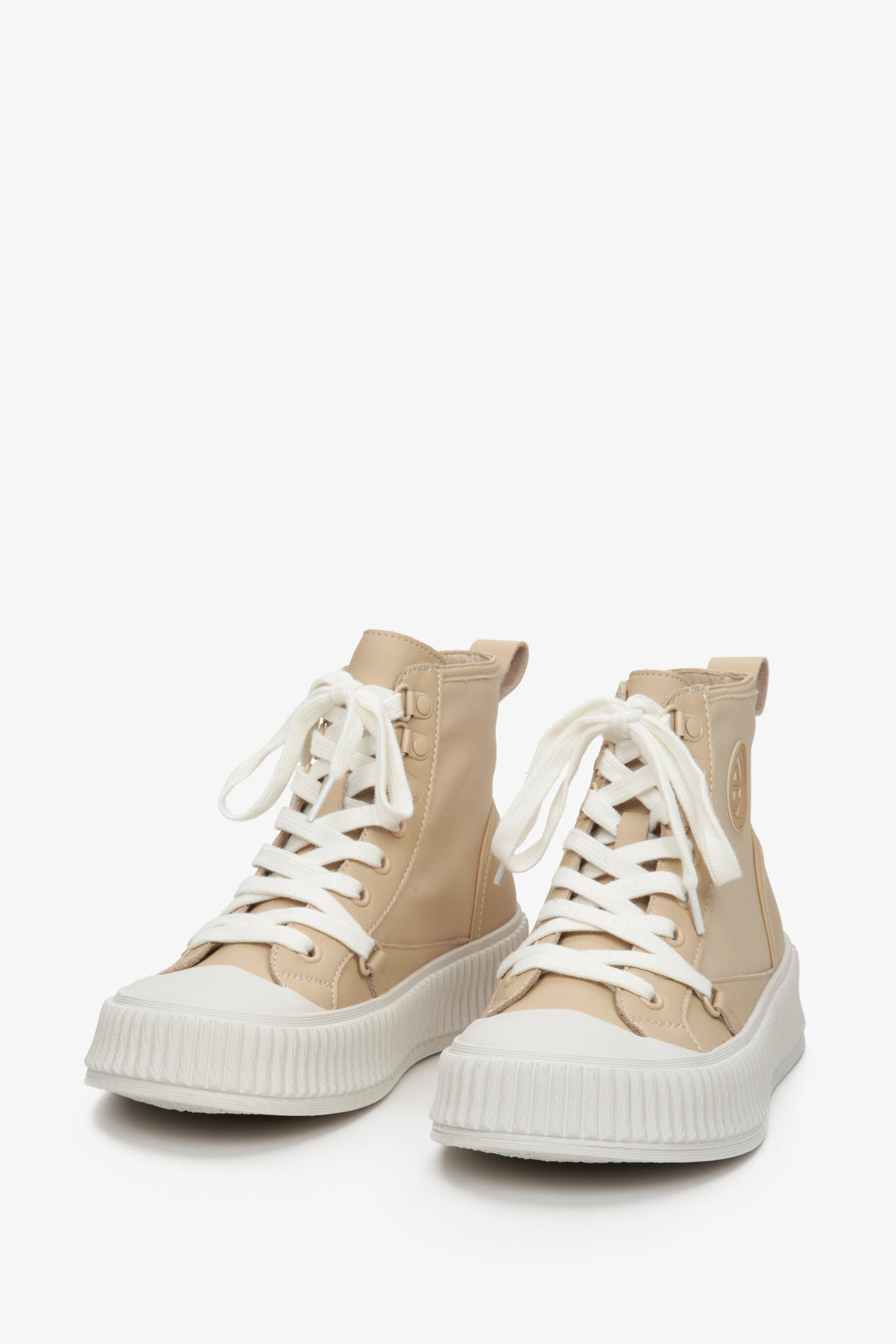 Women's beige high-top sneakers made of genuine leather, suitable for spring/fall.