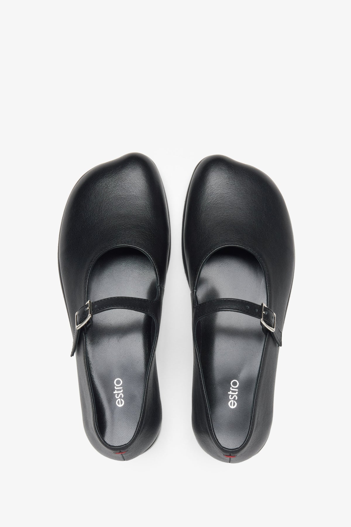 Women's black leather ballerinas by Estro - top view of the model.
