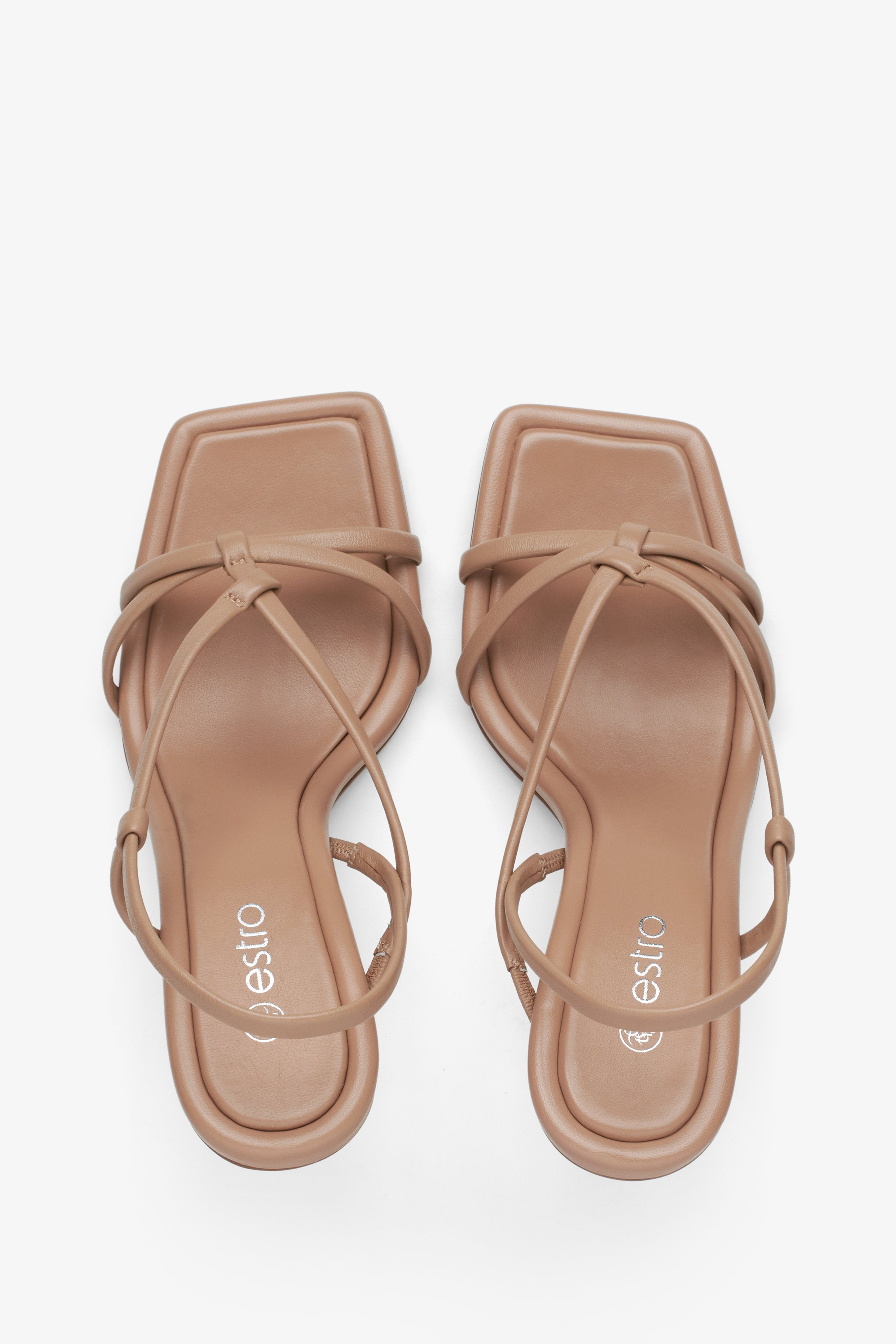 Women's beige sandals on a funnel heel, Estro brand - presentation form above.