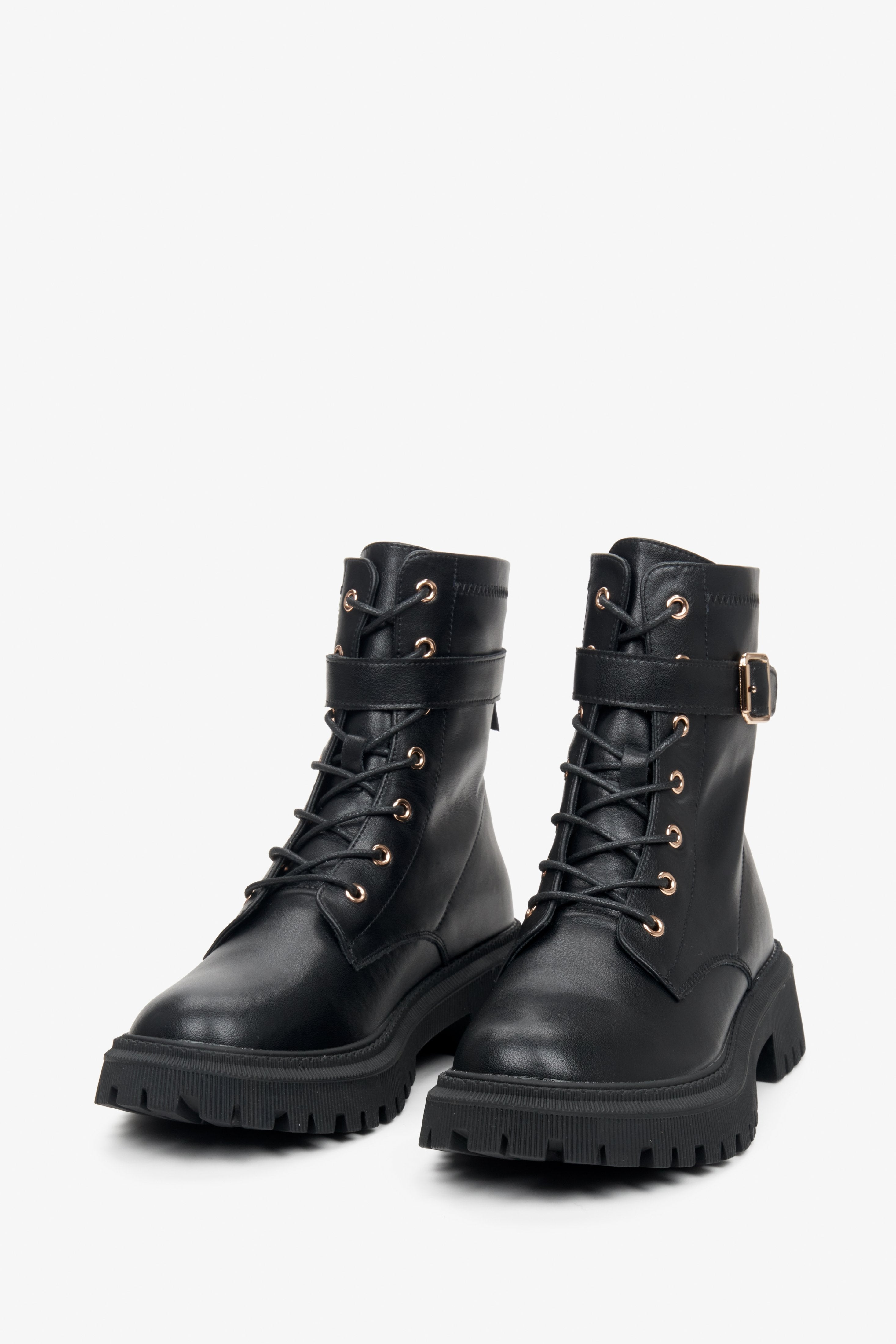 Versatile, women's black leather boots by Estro - front line of the shoe.