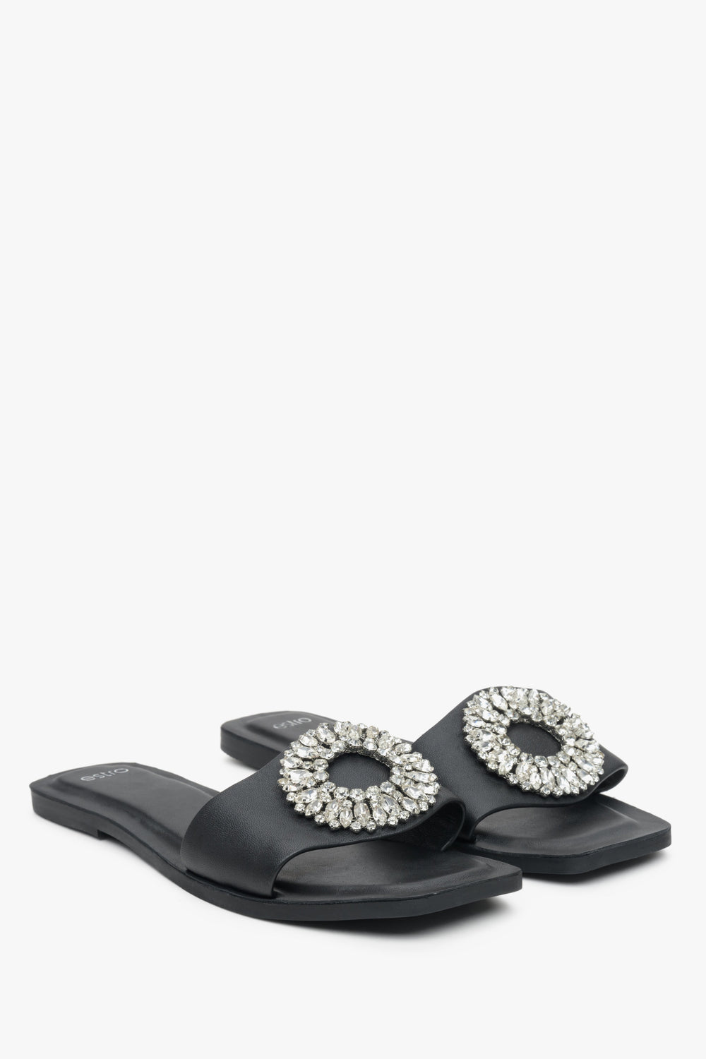 Women's Black Flat Slide Sandals with Round Embellishment Estro ER00113382