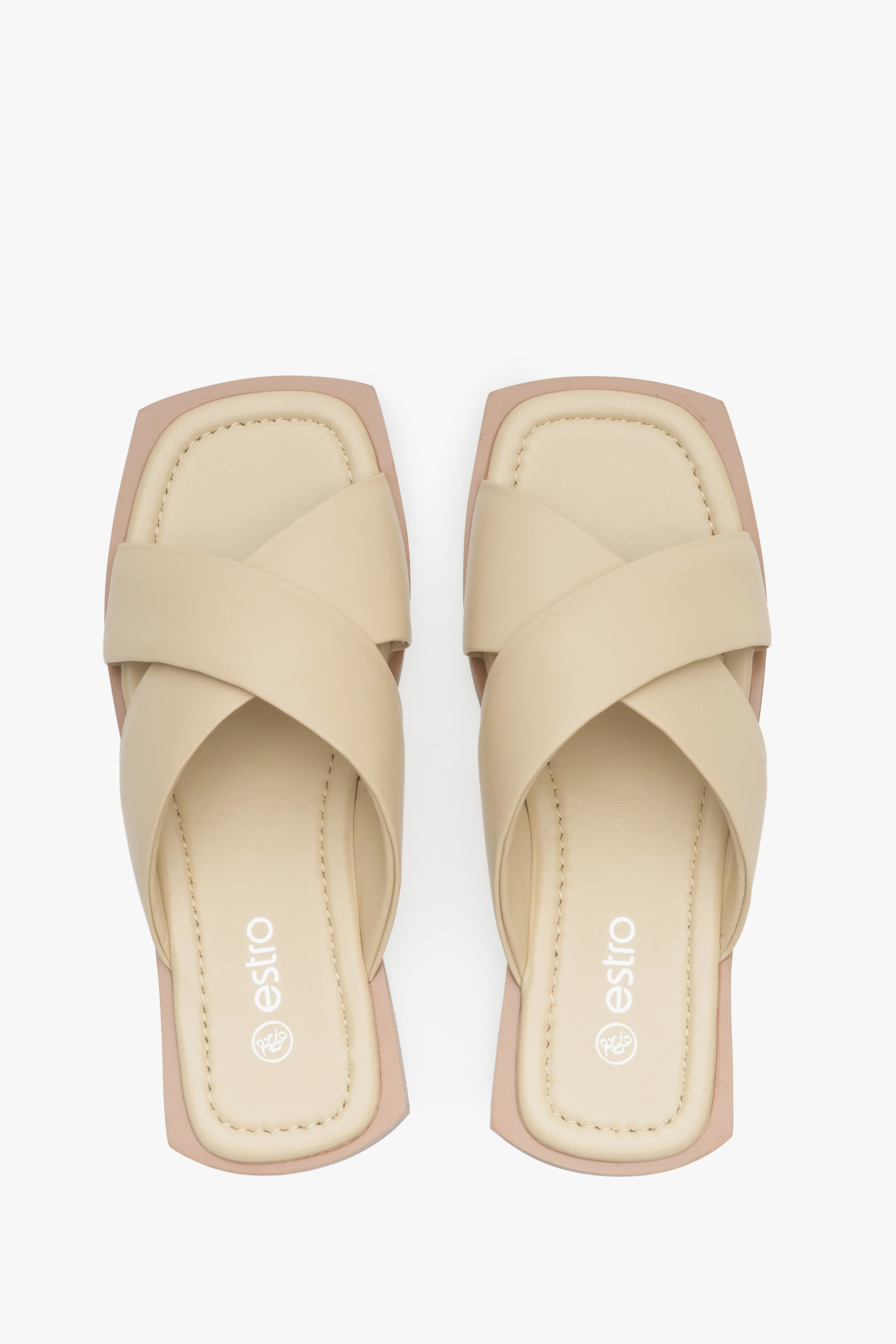 Women's slide sandals made of beige genuine leather Estro - presentation form above.