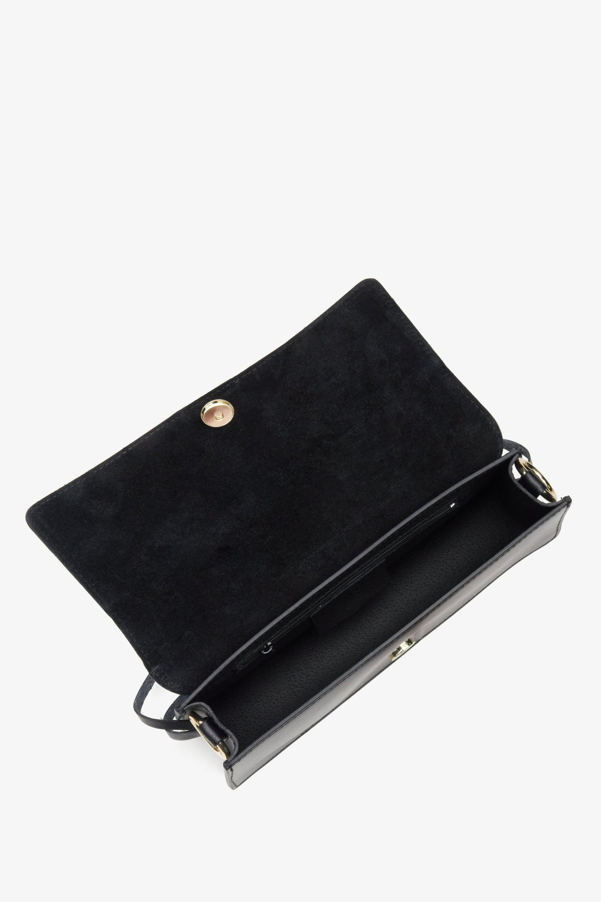 Women's black leather handbag - a close-up on the main compartment.