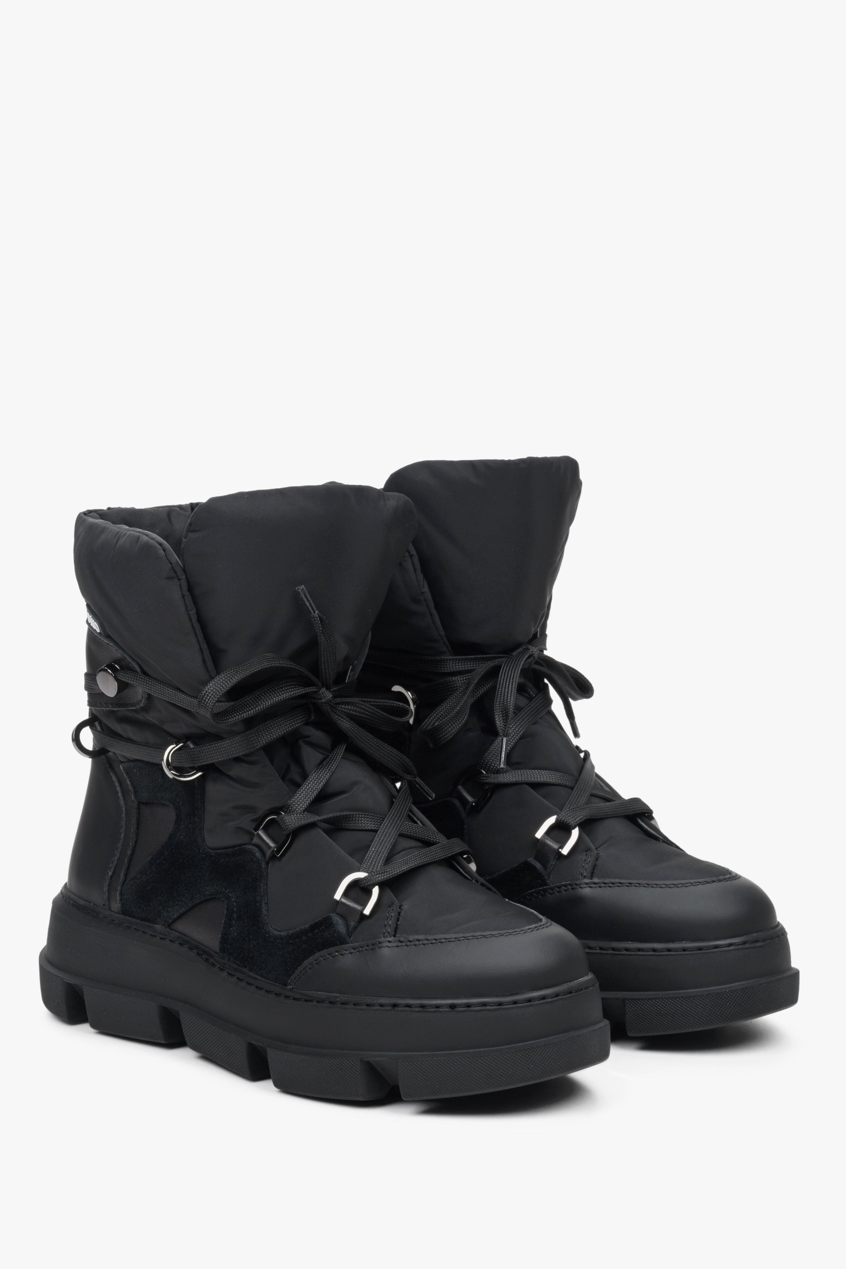 Black women's winter snow boots with laces, Estro ER00112455 - front of the shoe.