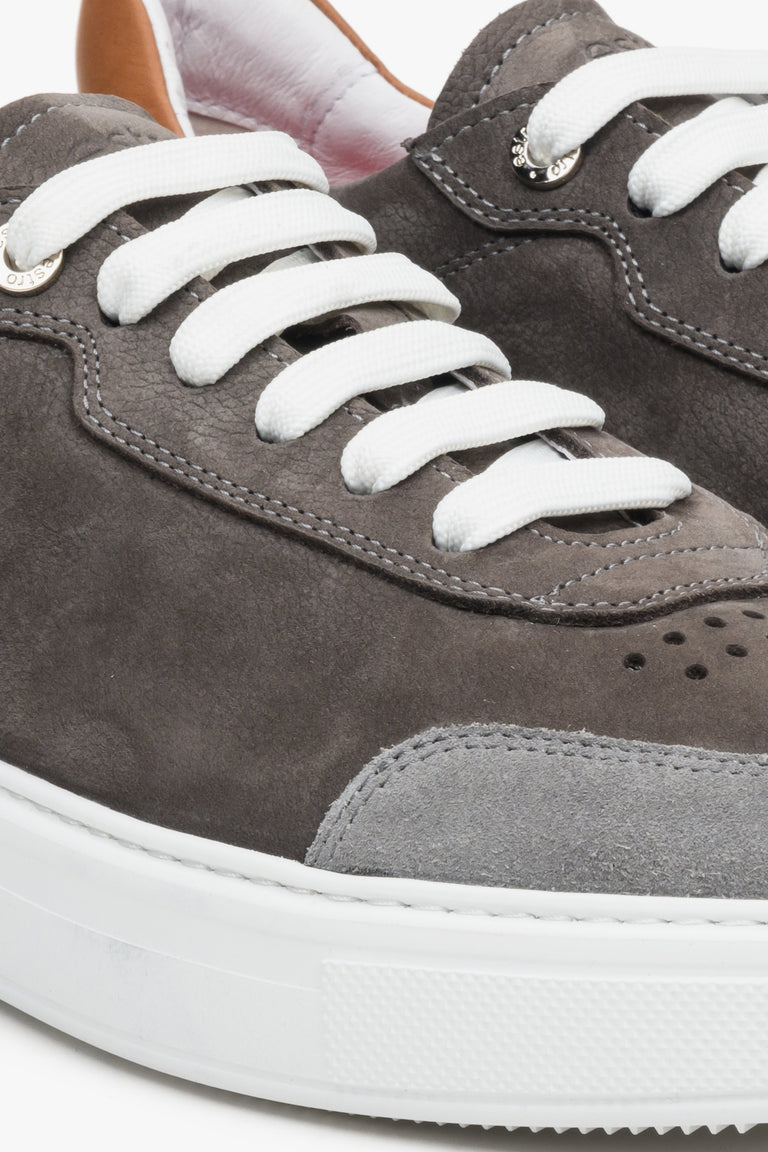 Estro men's grey and brown nubuck and leather lace-up Estro sneakers - close-up of the binding system.