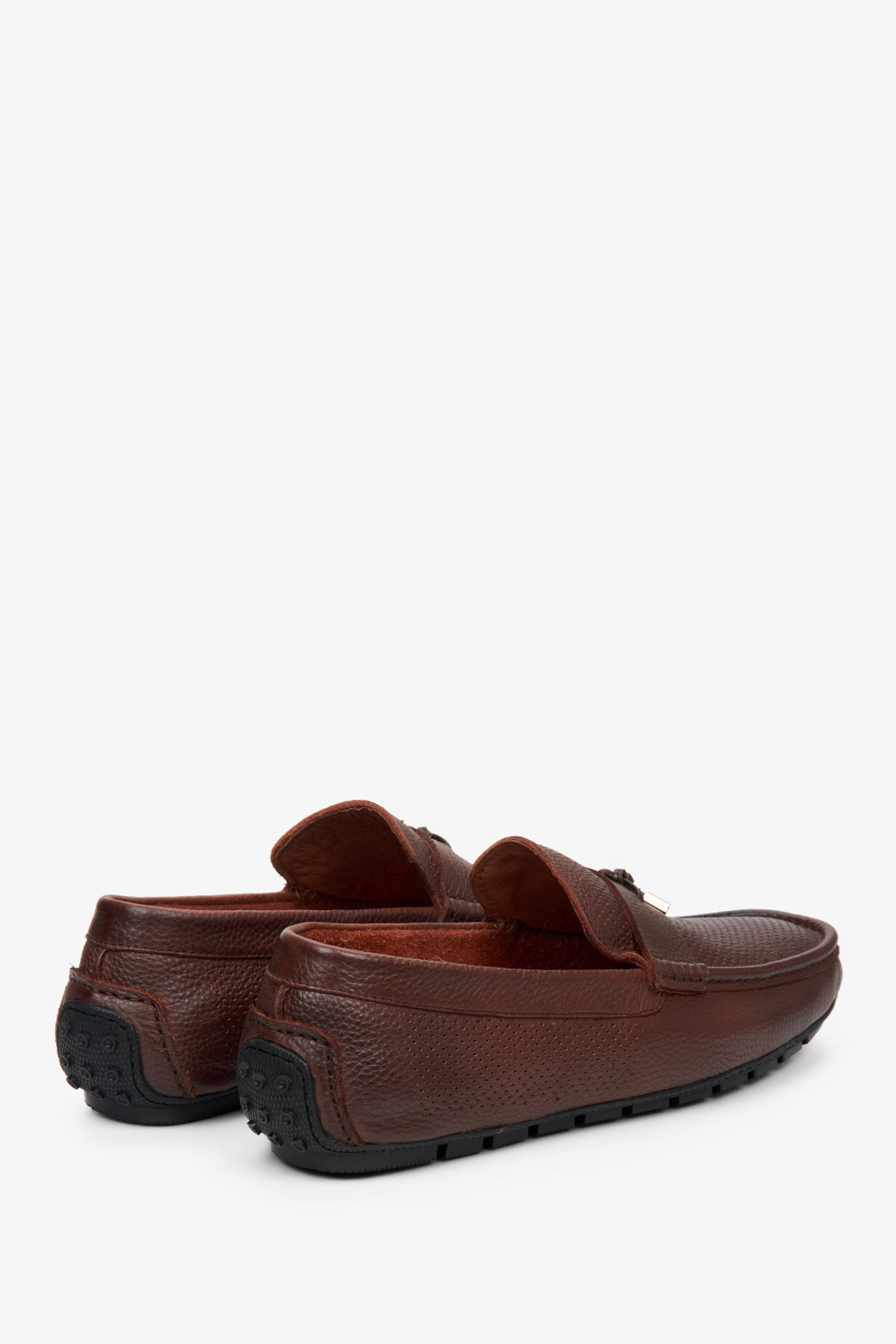 Men's brown leather loafers by Estro for fall - close-up on the heel and side seam of the shoes.