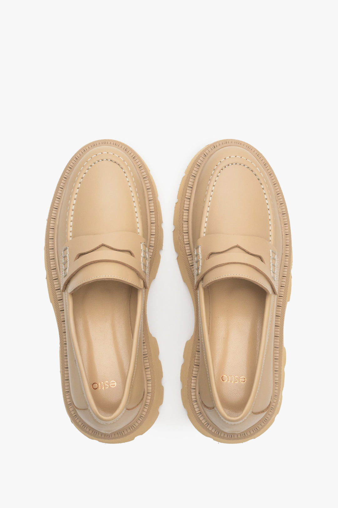 Women's leather beige loafers by Estro - top view presentation of the model.