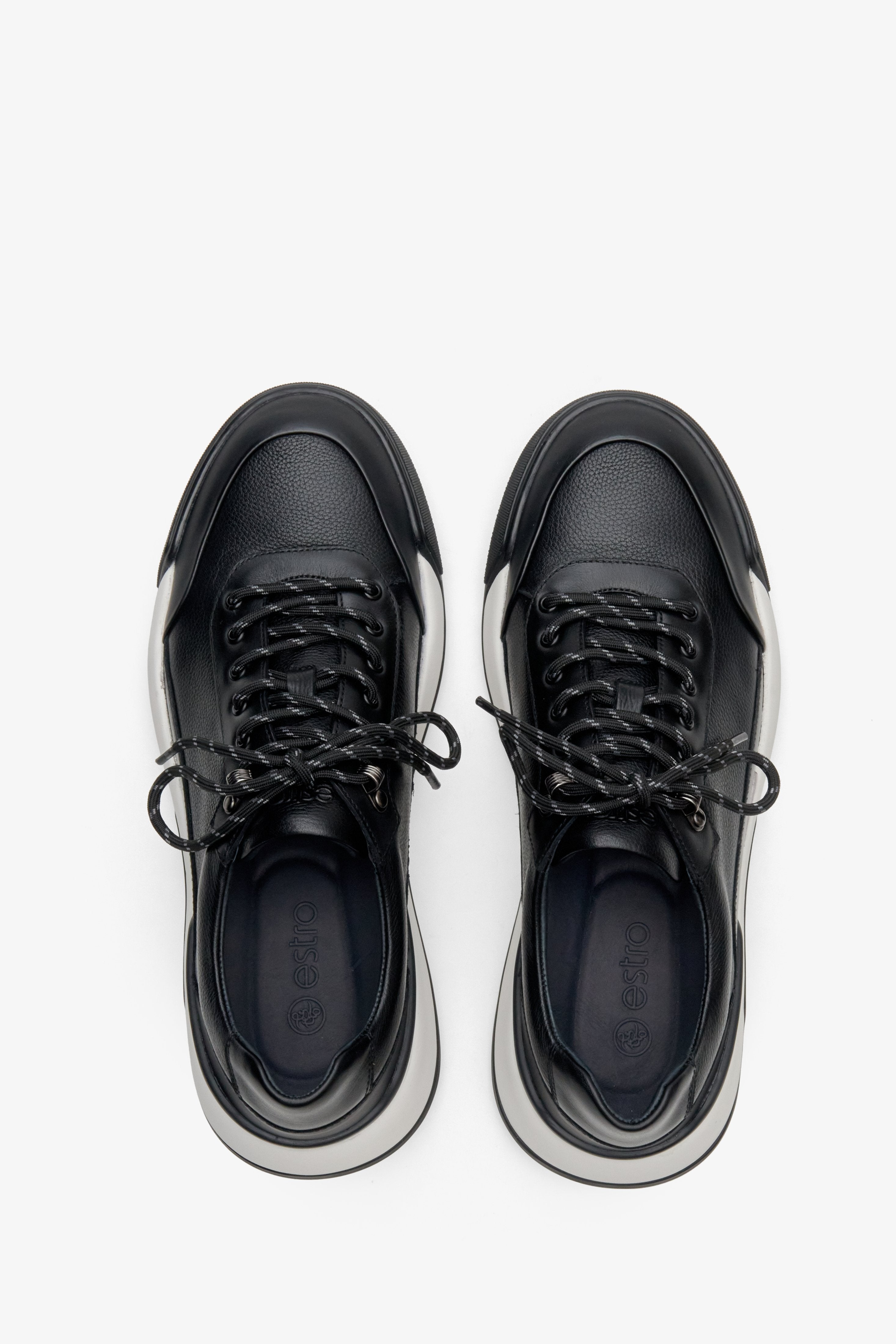 Men's black leather sneakers by Estro - top view presentation of the model.