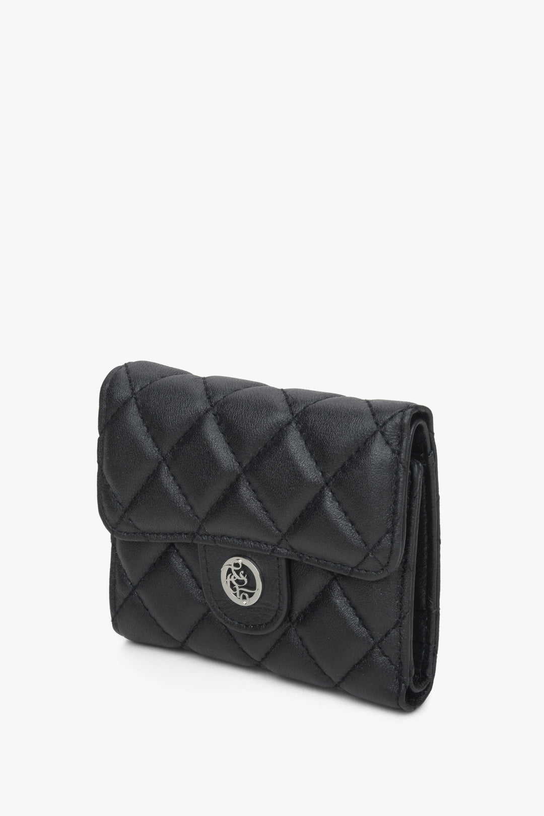 Women's tri-fold black wallet with embossing.