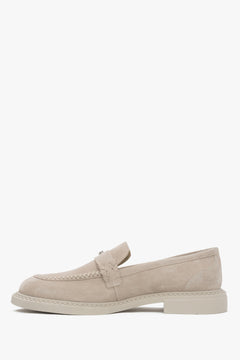 Luxury women's Penny loafers by Estro in light beige, made of premium Italian genuine velour.