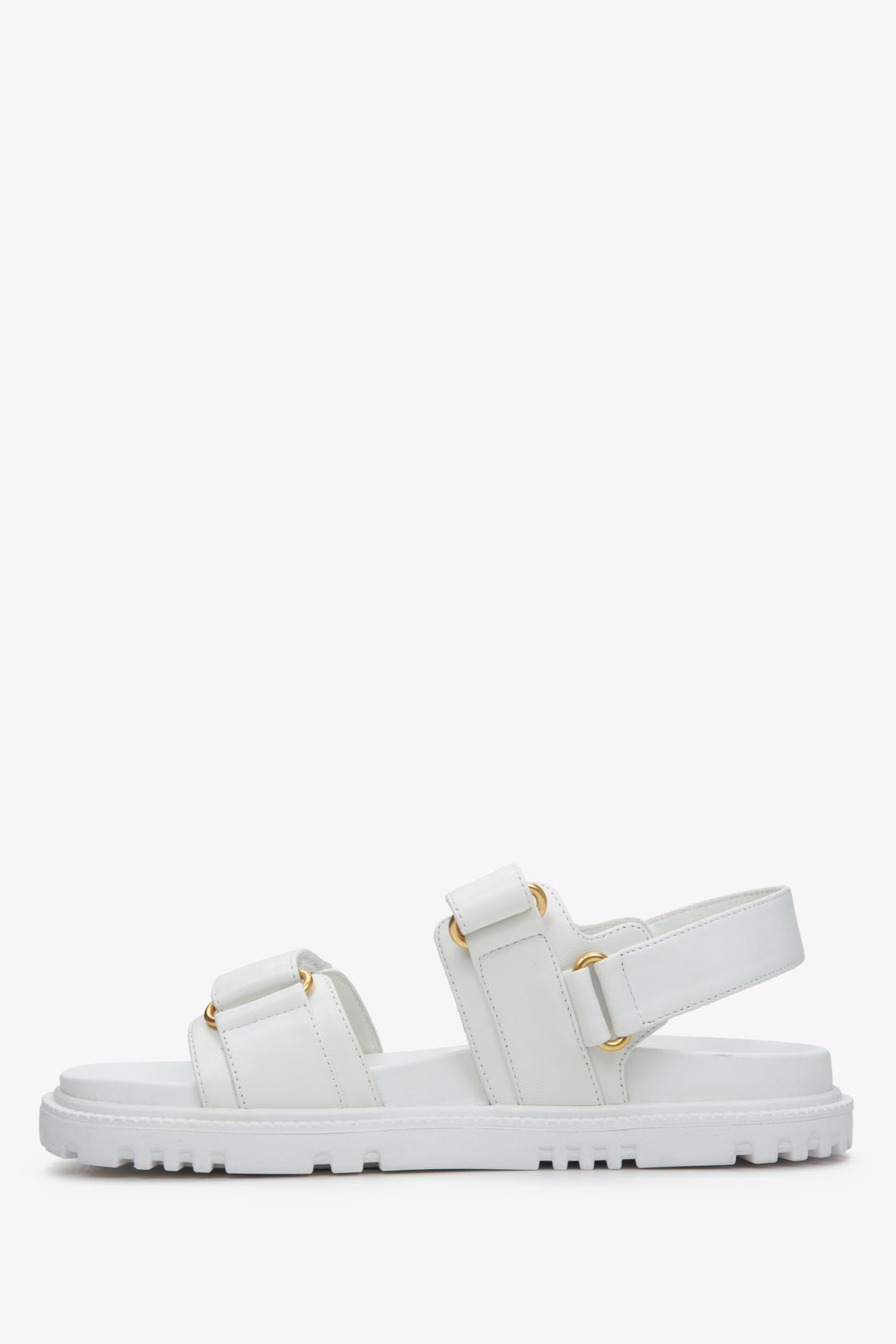 Estro women's white leather sandals with a flexible sole and golden accents.