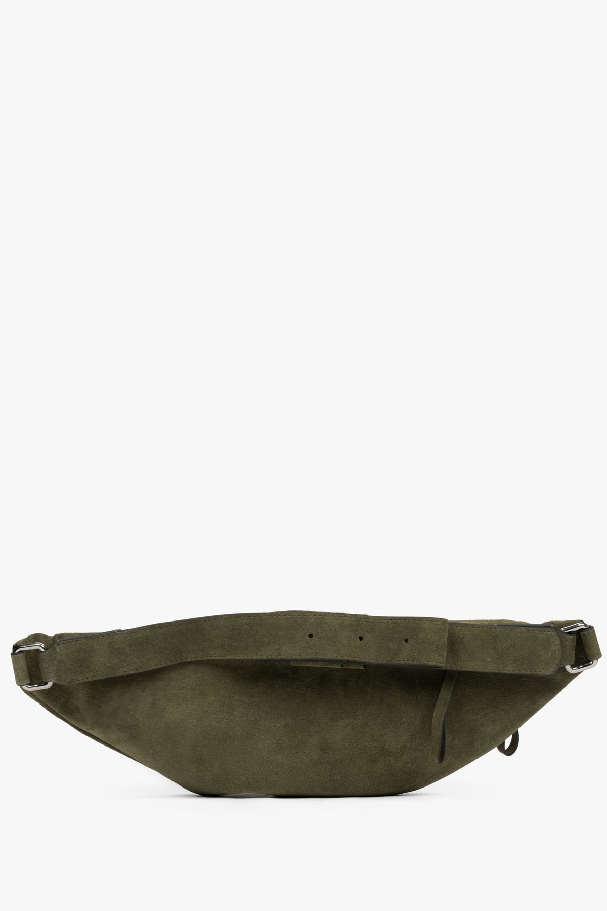 Dark green women's fanny pack made of natural velour from Estro - back of the model.