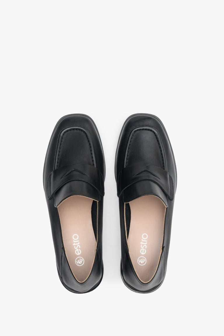 Women's black loafers made of genuine leather by Estro - top view shoe presentation.