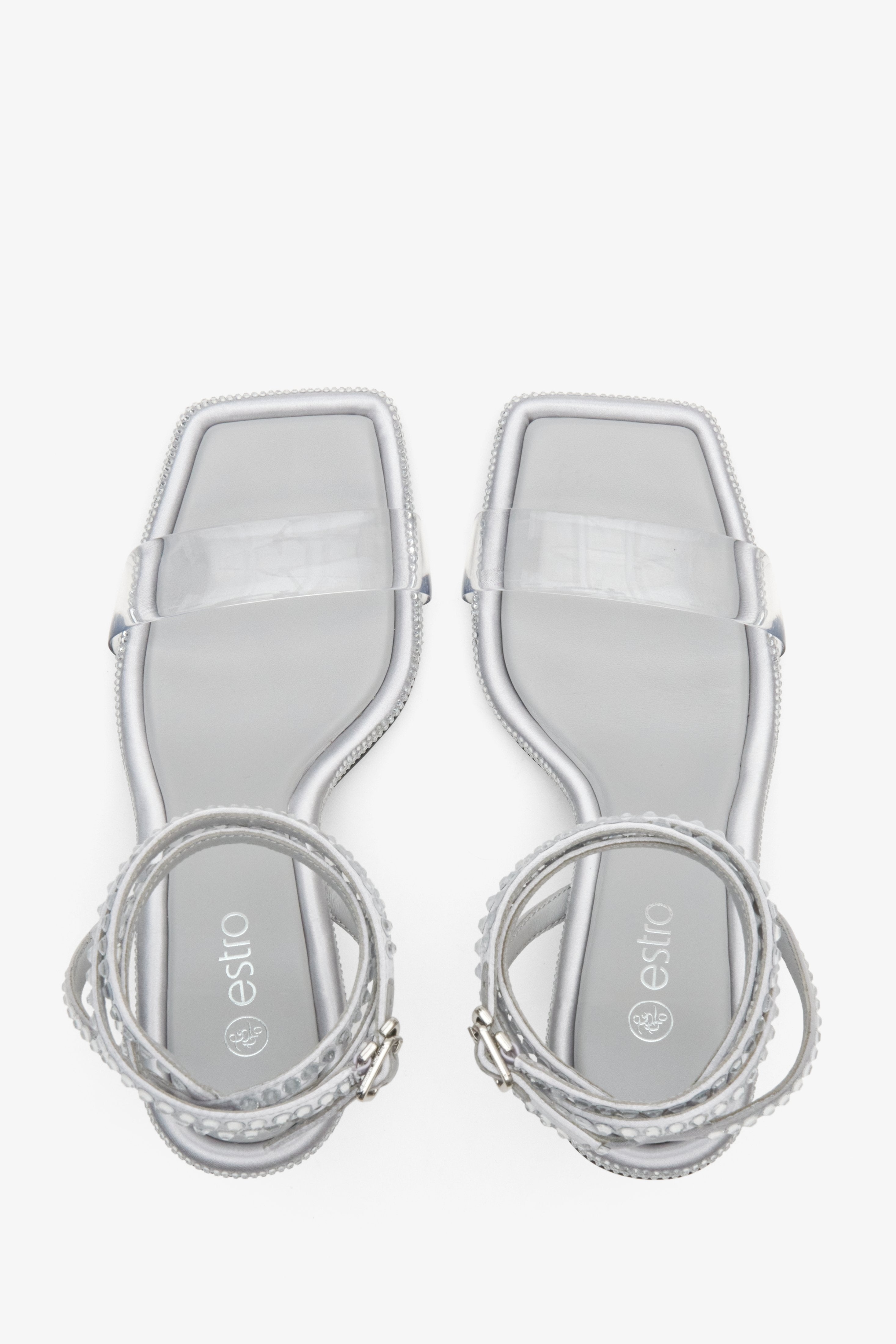 Women's silver sparkly heeled sandals Estro - presentation from above.