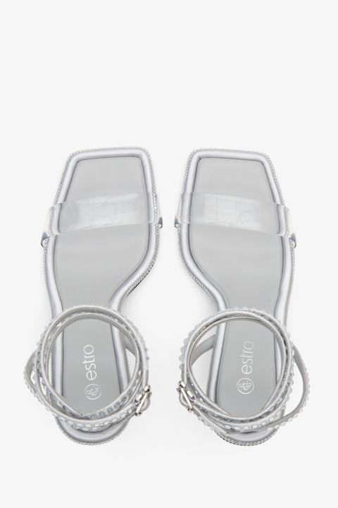 Women's silver sparkly heeled sandals Estro - presentation from above.