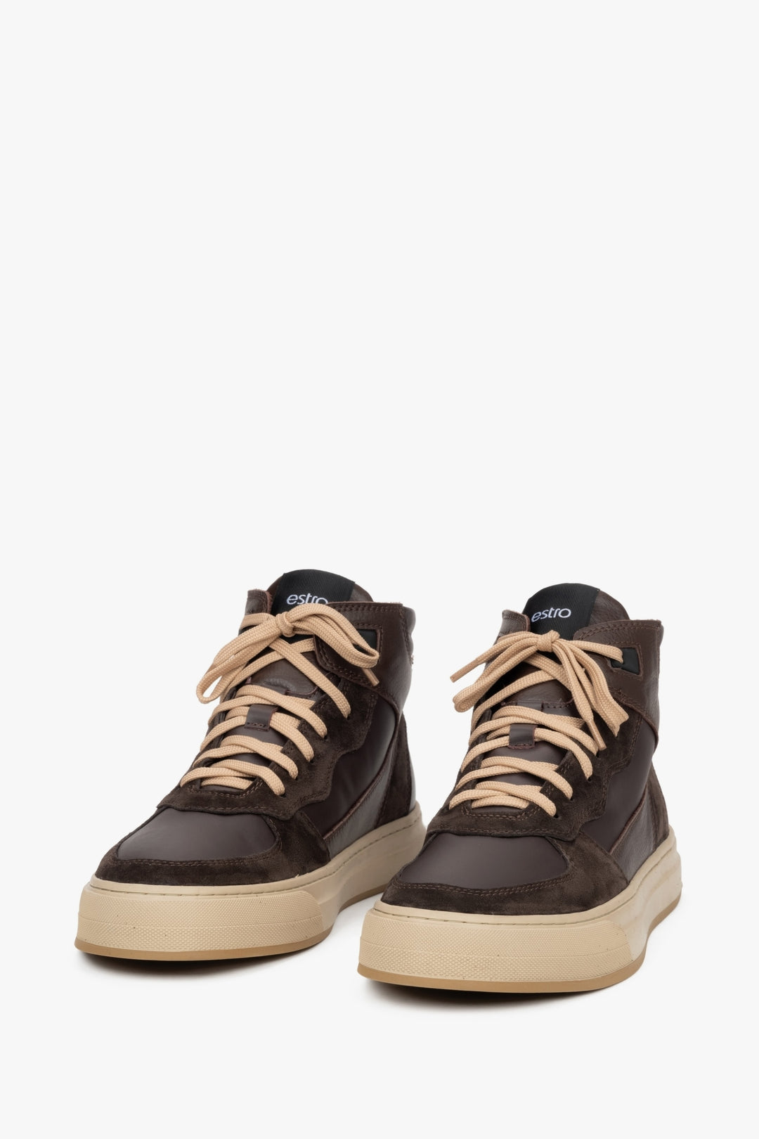 High-top dark brown men's sneakers made of velour and Italian leather with insulation by Estro.