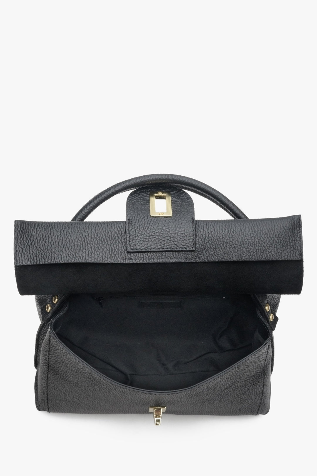 Women's black handbag in a boxy style by Estro - close-up of the interior.