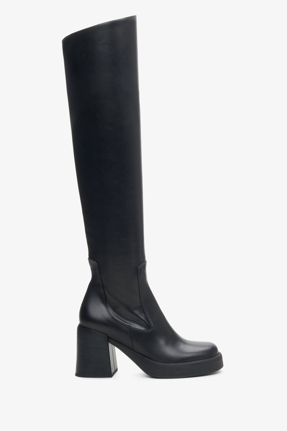 Women's Black Leather Block Heel Boots Estro ER00113891