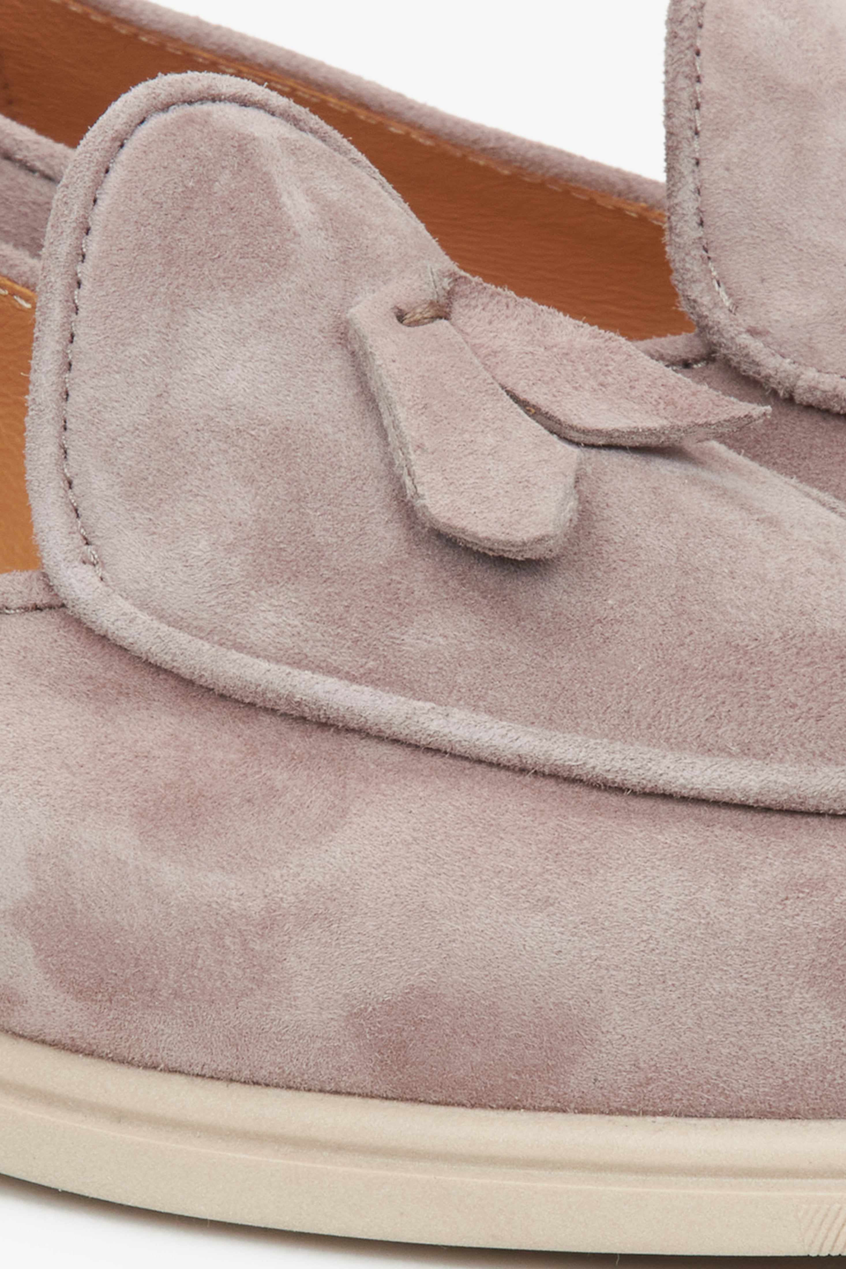 Women's beige velour moccasins by Estro - close-up on details.