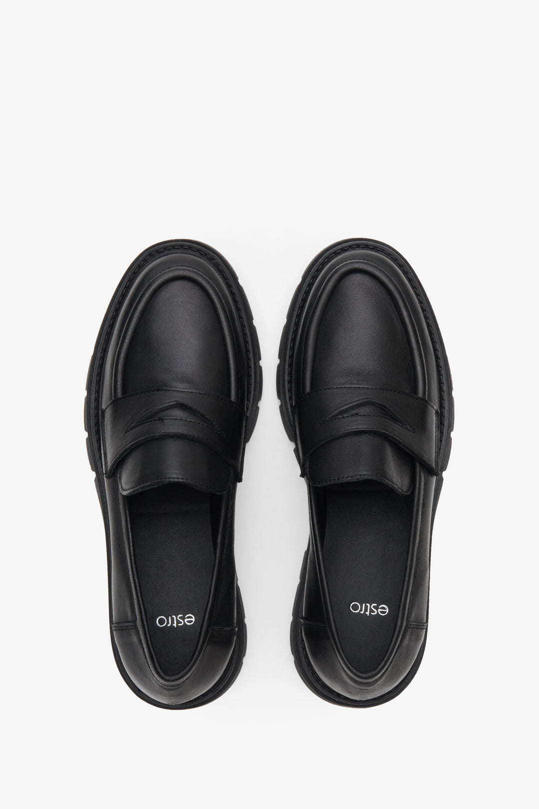 Women's black leather loafers by Estro - top view presentation of the footwear.
