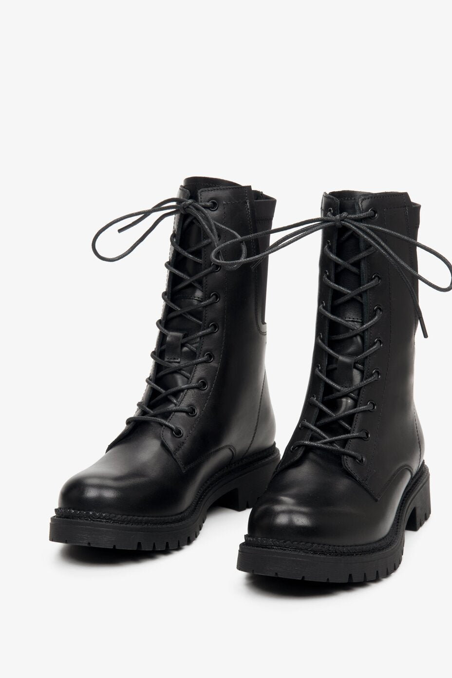 Women's black leather lace-up ankle boots by Estro - front view of the shoe.