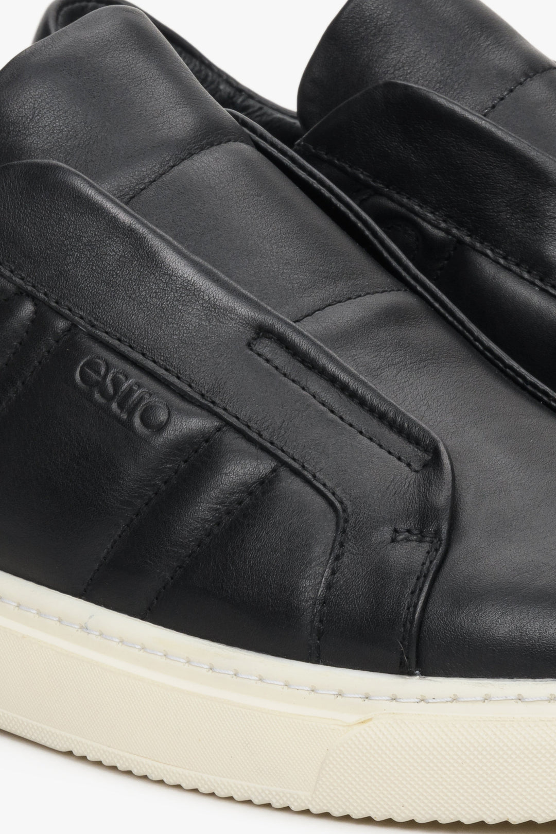 Men's black slip-on sneakers by Estro for spring and fall - close-up of the details.