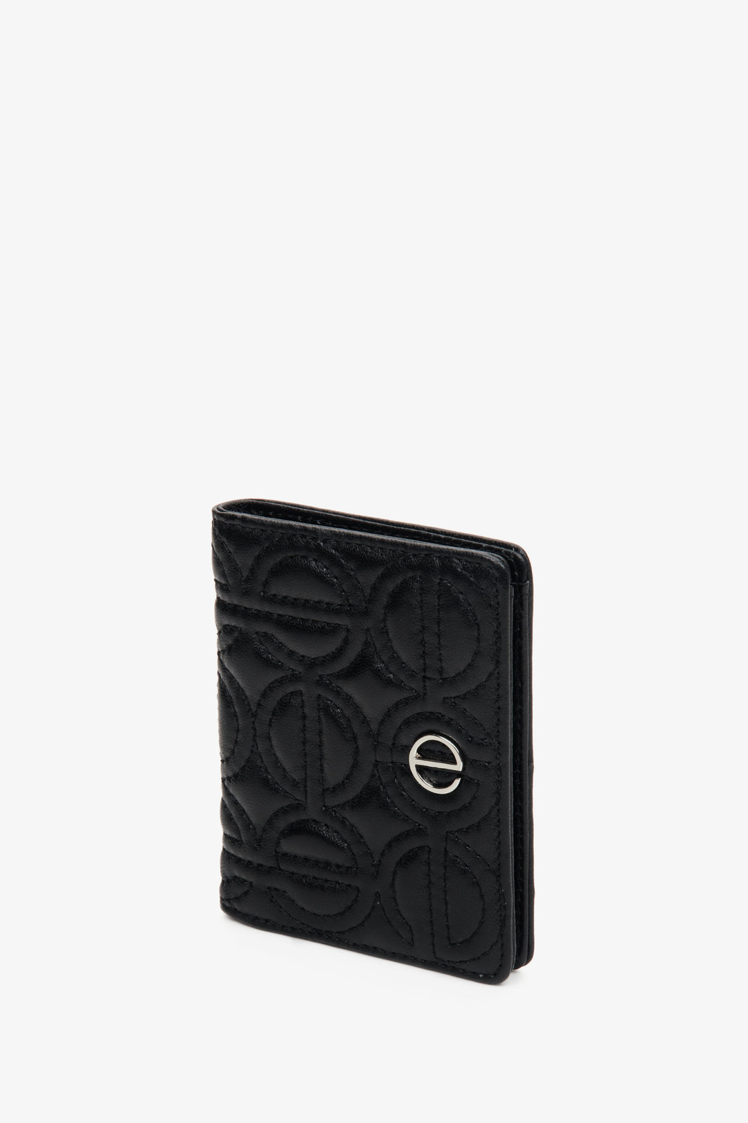 Small women's black card leather wallet with silver accents by Estro.