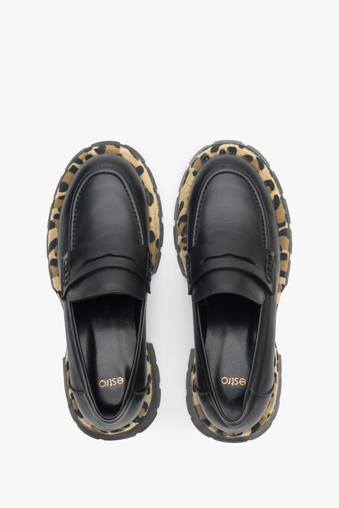 Women's black  moccasins with an animal print pattern by Estro - top view presentation of the model.