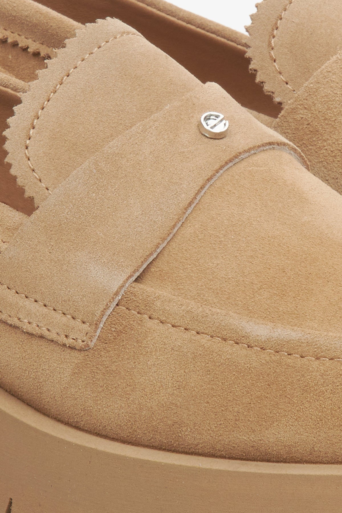 Estro women's loafers in brown, made of genuine velour - close up on details.