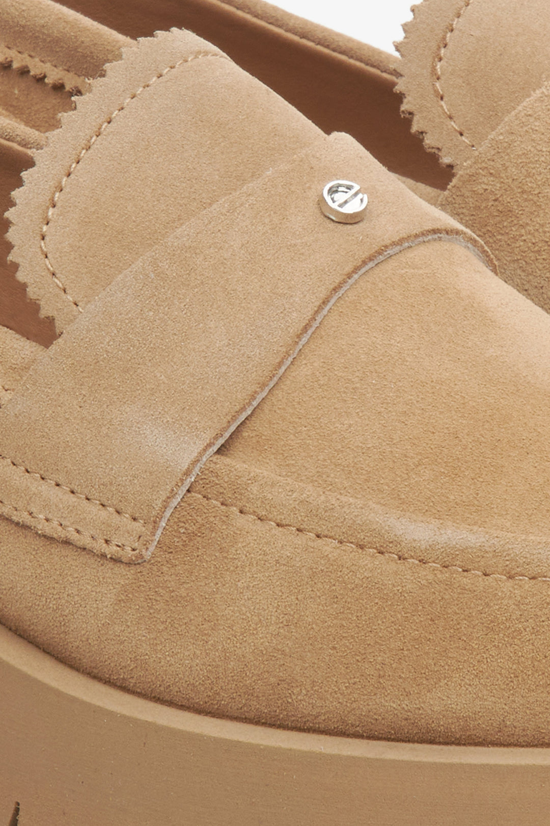 Estro women's loafers in brown, made of genuine velour - close up on details.