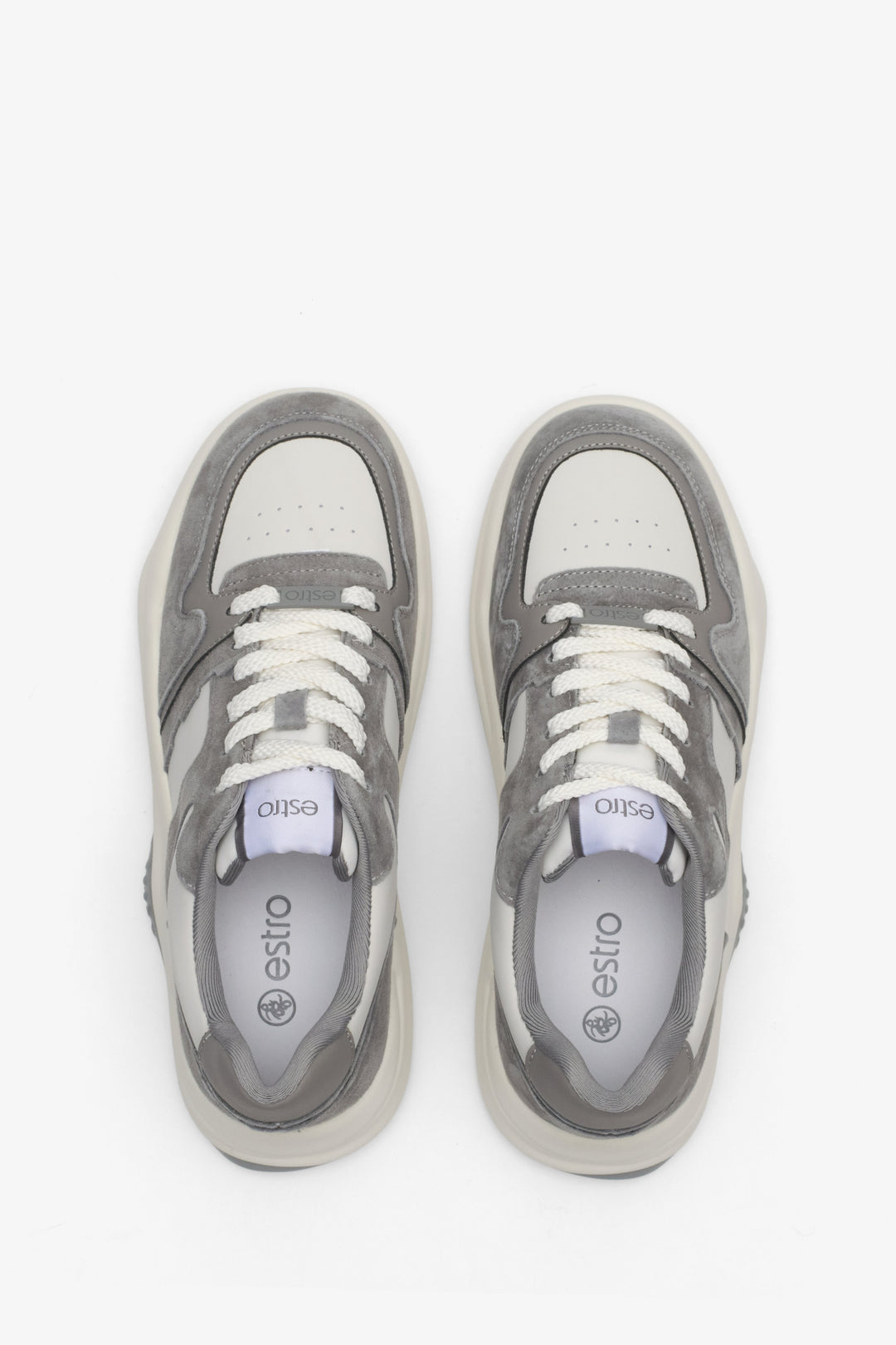 Women's grey and white casual sneakers - presentation of the footwear from above.