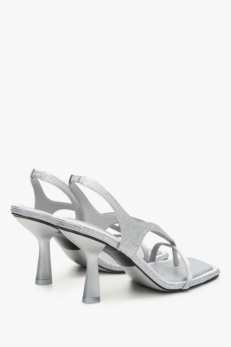 Silver leather diamond heeled sandals - a close-up on shoe profile.