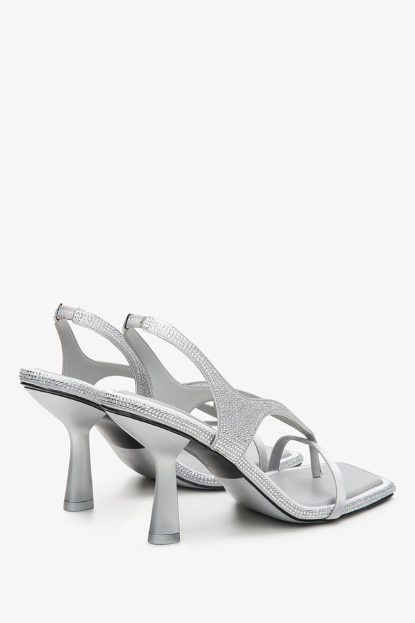 Silver leather diamond heeled sandals - a close-up on shoe profile.