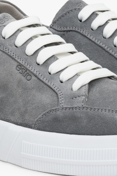 Men's grey velour sneakers by Estro for spring and fall - close-up on the details.