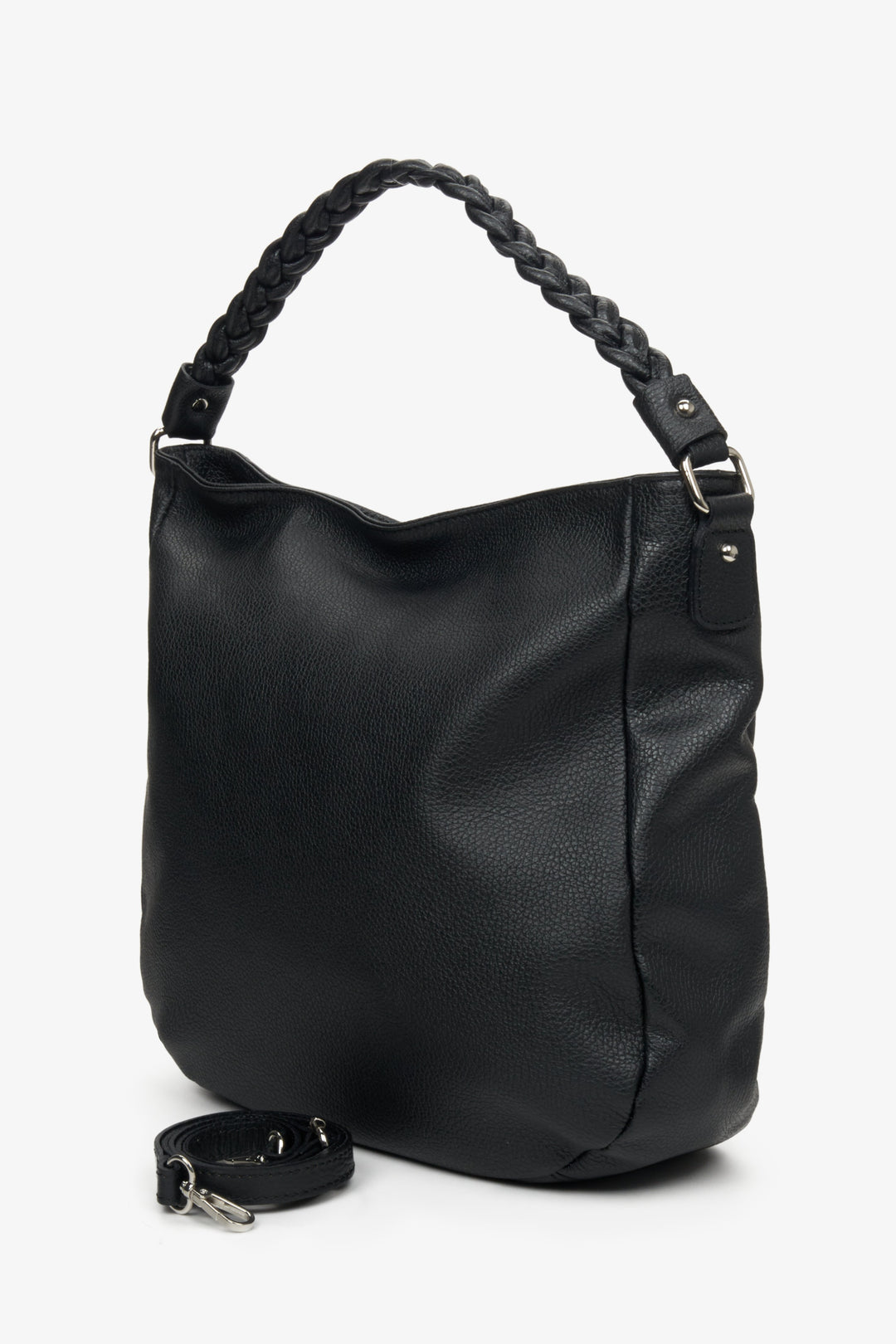 Women's black Estro handbag made of natural leather with extra adjustable strap.