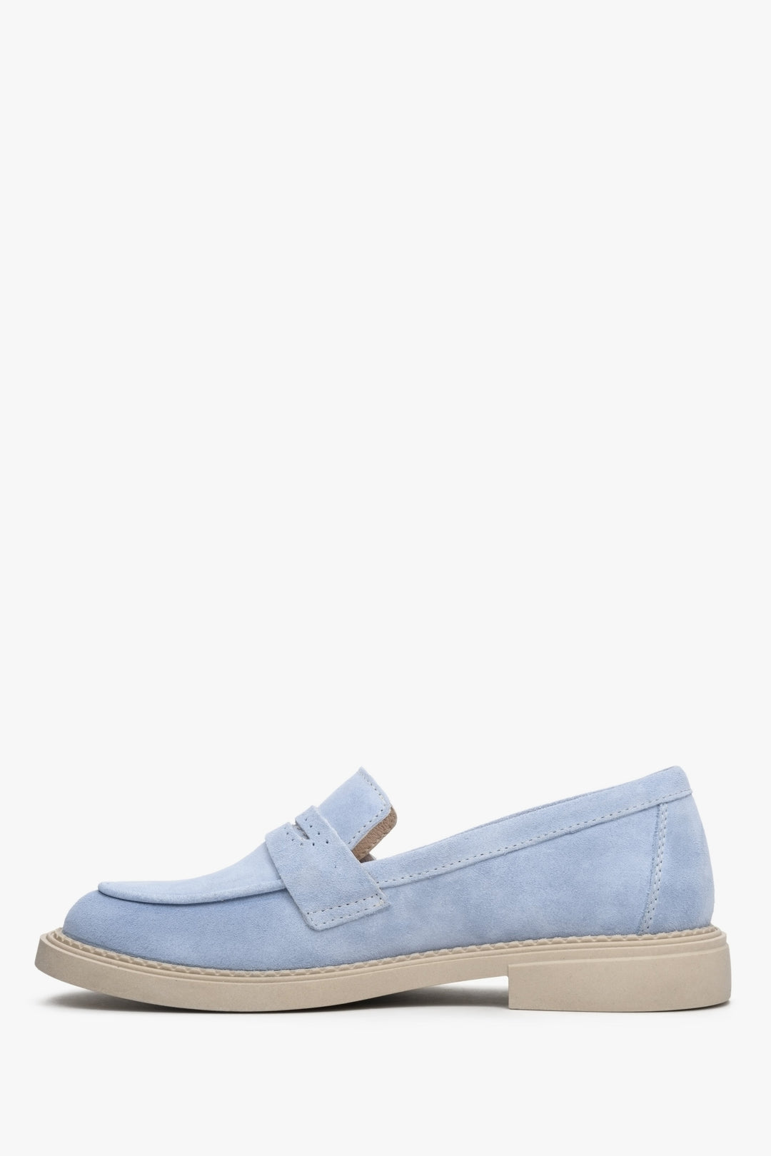 Women's suede loafers in light blue color by Estro - shoe profile.