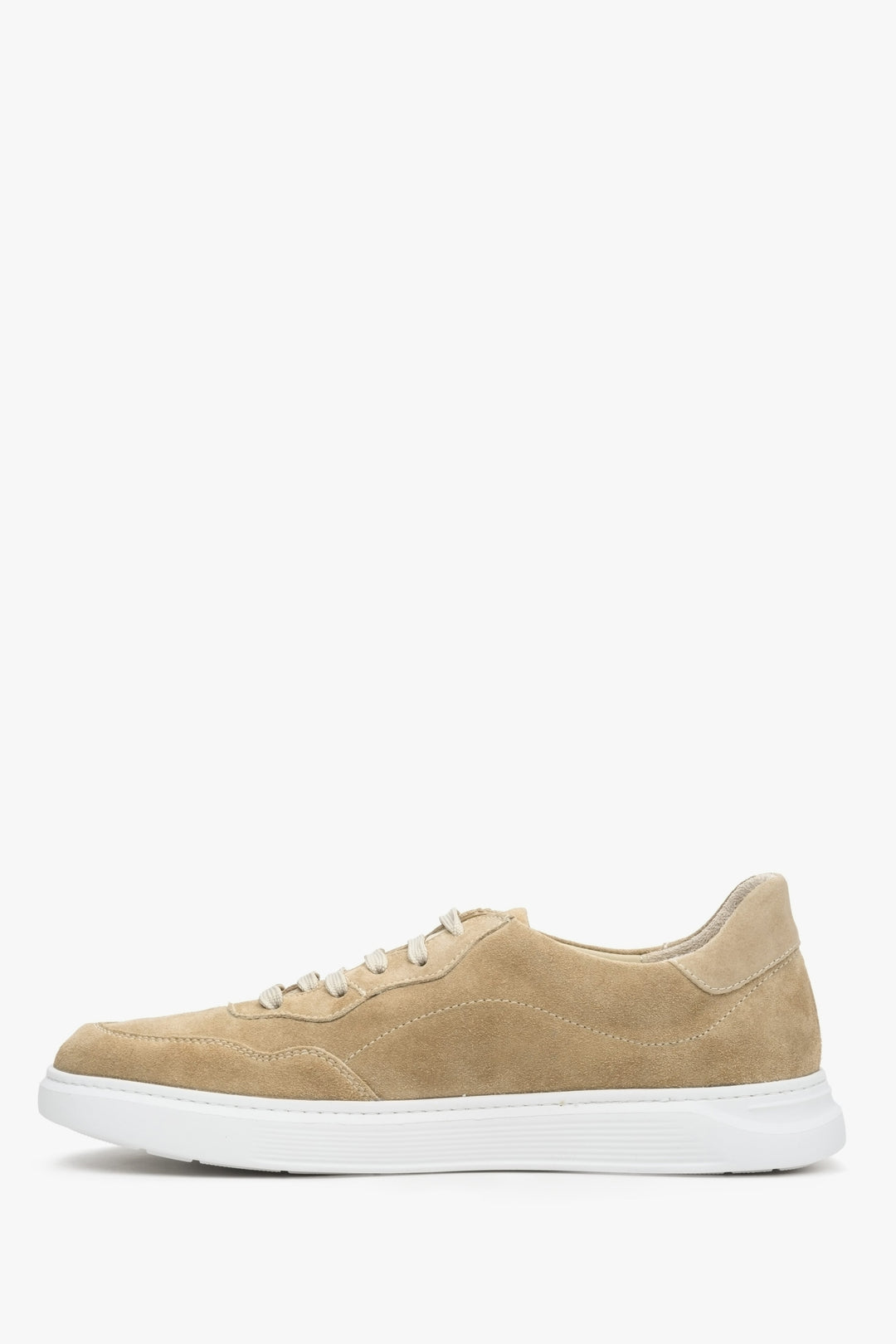 Men's sneakers made of natural velour in sand beige color, laced.
