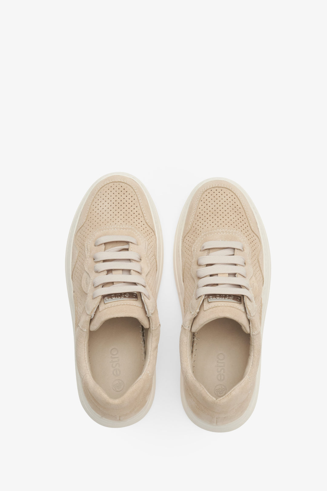 Light beige Estro women's natural suede sneakers for summer - shoe presentation from above.