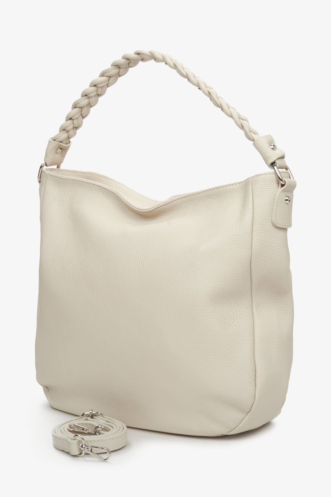 Women's light beige Estro handbag made of natural leather with extra adjustable strap.