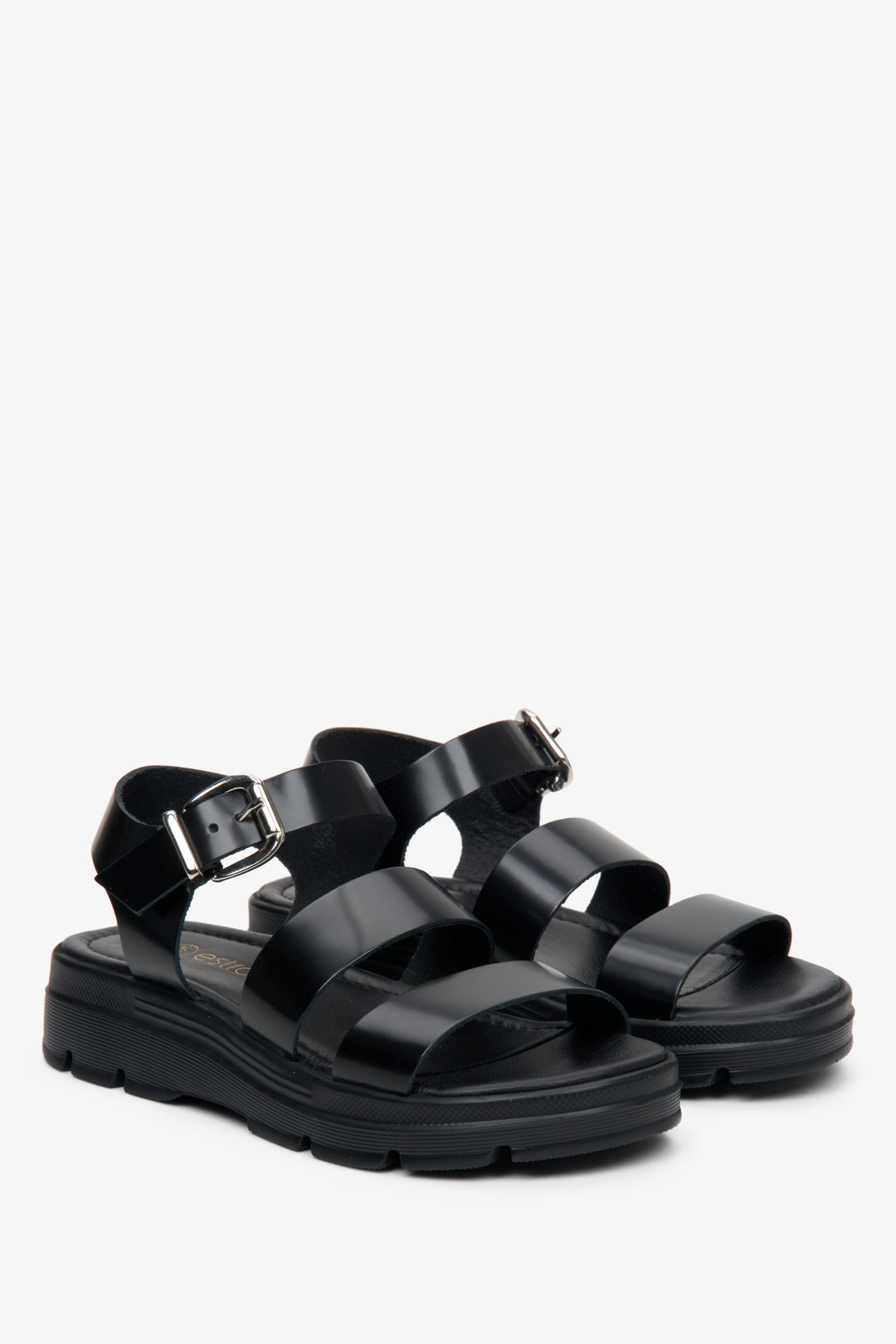 Women's sandals in black made of Italian natural leather, thick straps by Estro.
