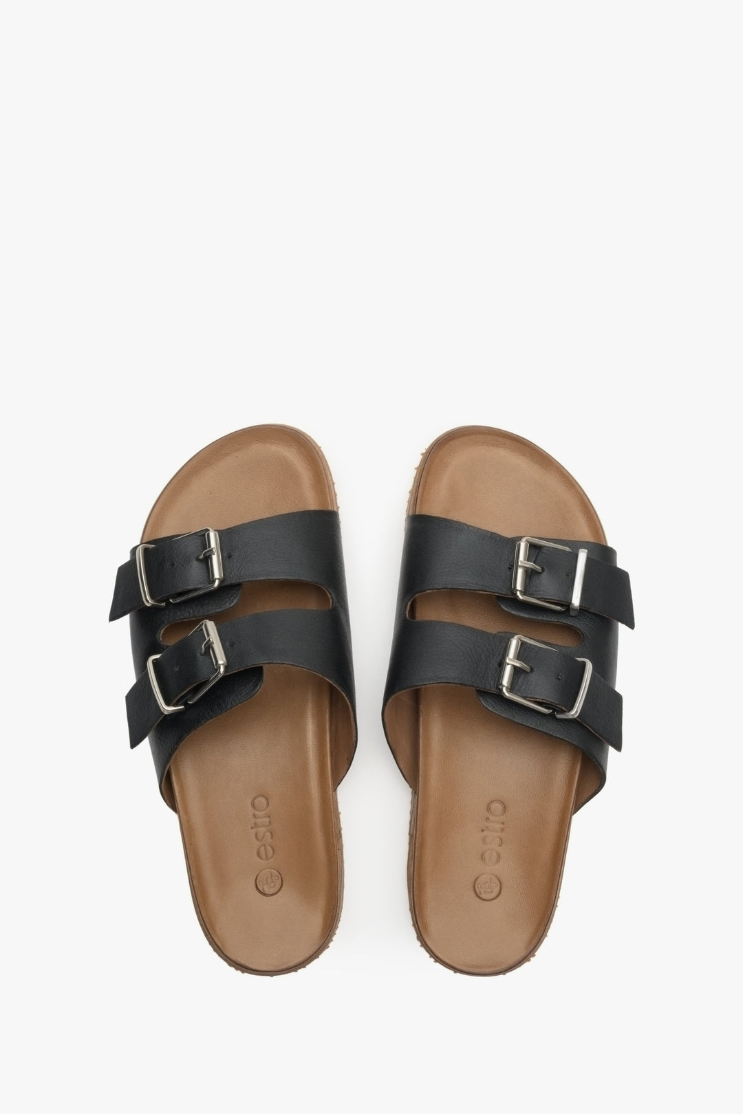Women's black Estro slide sandals made of Italian natural leather - presentation of shoes from above.