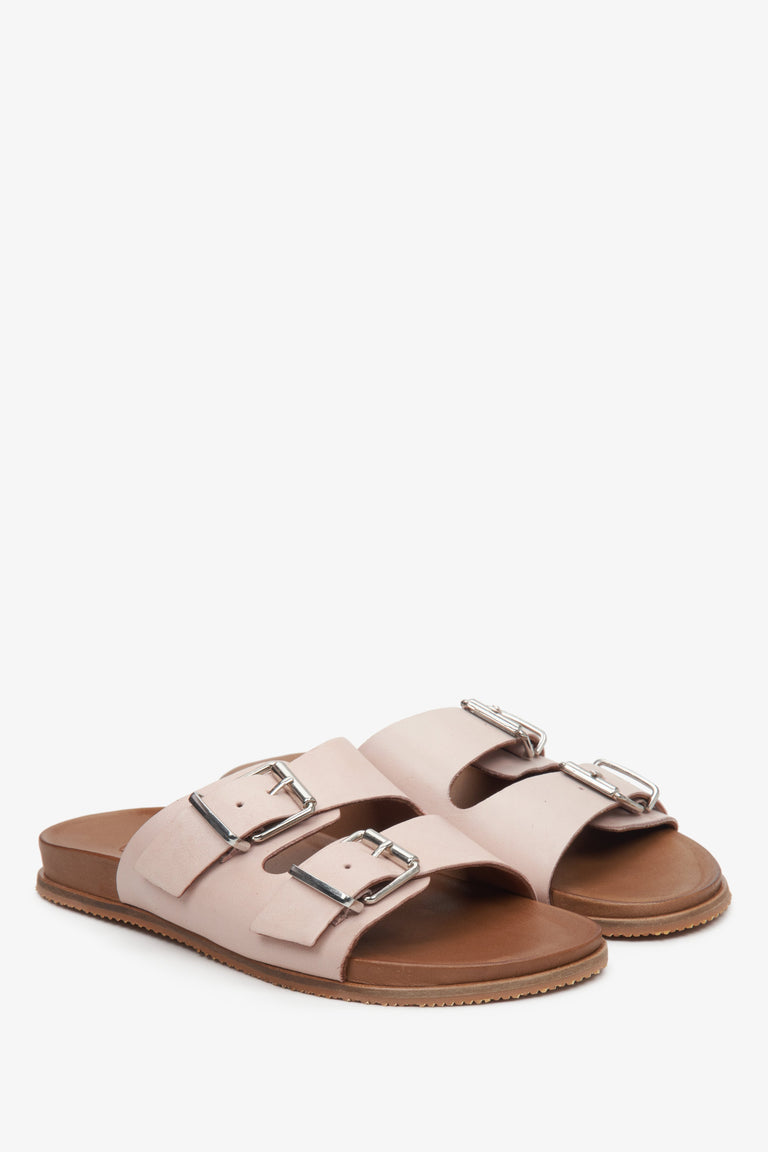 Women's slide sandals in pastel pink color Estro made of natural leather.