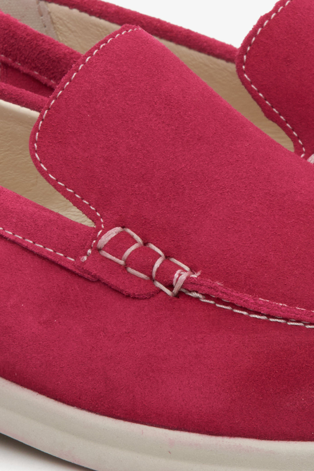 Women's pink suede Estro moccasins - close-up of the sewing system.