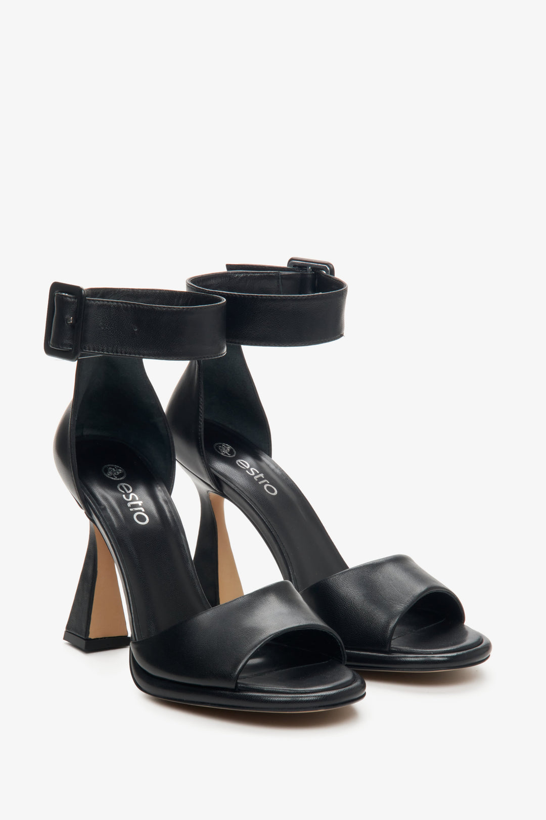 Women's sandals made of natural leather on a stiletto heel, fastened at the ankle., black colour.